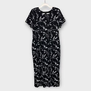 T & Company Black & White Floral Sheath Maxi Dress 12P Petite Short Sleeve Chic